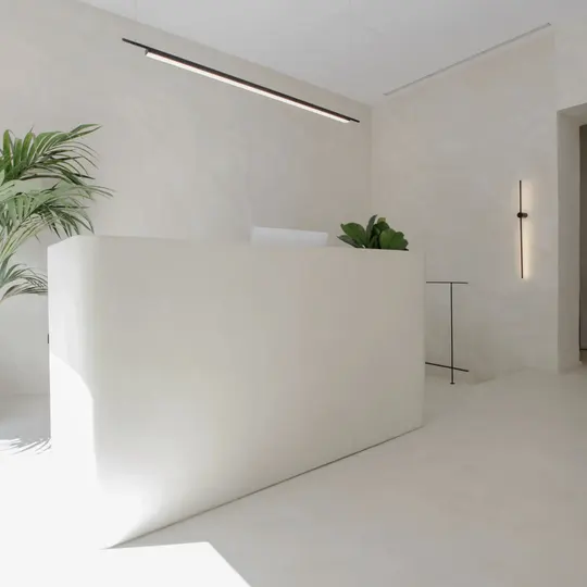 A white reception desk in Marmorino lime plaster, one corner softly rounded, under a slim pendant light and beside a tall potted palm, in a bright, minimal reception area