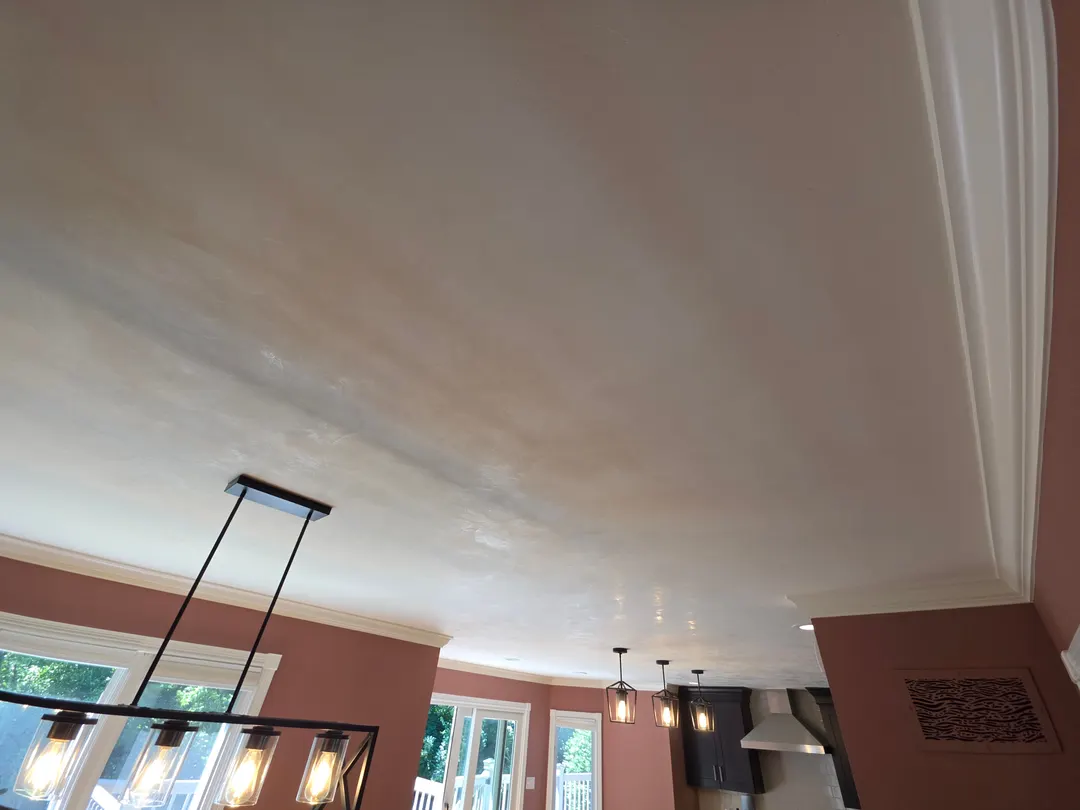The bone Marmorino ceiling spanning a bay of windows, with a long pendant over the table and terracotta walls