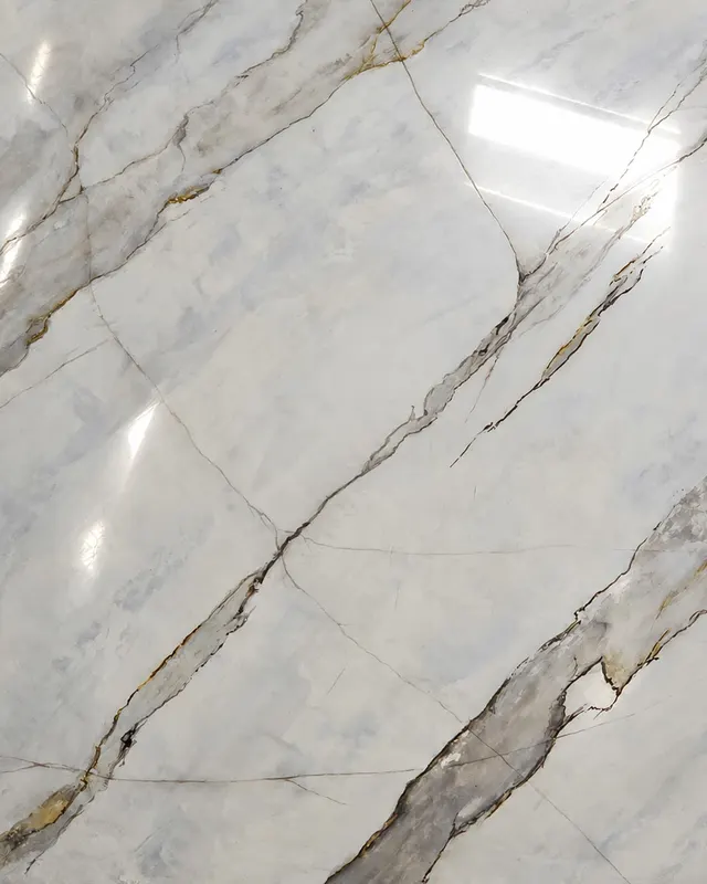 A polished Calacatta Borghini sample board, white with bold gray and ochre veins, the room’s lights reflected in its shine